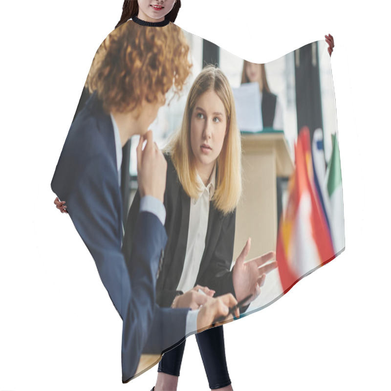 Personality  Two Teenagers In Suits Participate In A Model UN Conference. Hair Cutting Cape