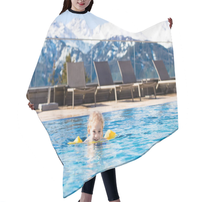 Personality  Child In Outdoor Swimming Pool Of Alpine Resort Hair Cutting Cape