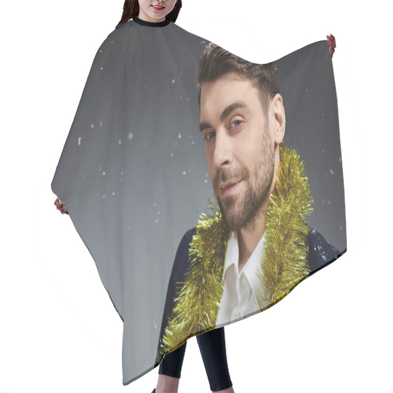 Personality  A Charming Young Man With A Beard Enjoys A Festive Atmosphere While Adorned In Seasonal Decor. Hair Cutting Cape