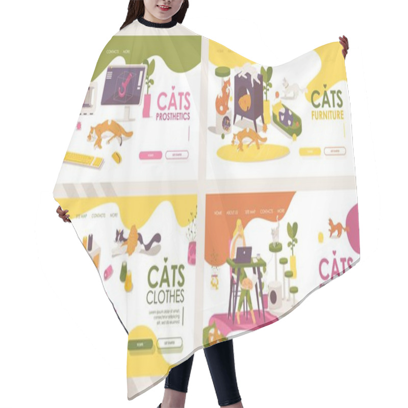 Personality  Collection Of Various Landing Page Banners About Cats Furniture, Dress And Clothes For Pets, 3d Prostheses Print For Injured Kittens. Vibrant Colors And Lovely Animal Characters. Hair Cutting Cape