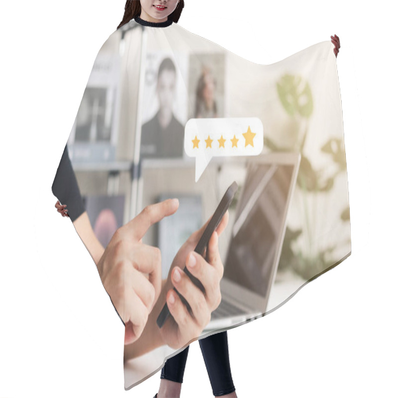 Personality  User Give Rating To Service Experience On Online Application, Customer Review Satisfaction Feedback Survey Concept, Customer Can Evaluate Quality Of Service Leading To Reputation Ranking Of Business. Hair Cutting Cape