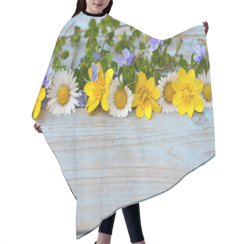 Personality  Border Row Of Spring Fieldflowers Such As Buttercups And Daisies On A Blue Grey Ols Used Knotted Wood With Empty Space Layout For Basic Moodboard Hair Cutting Cape