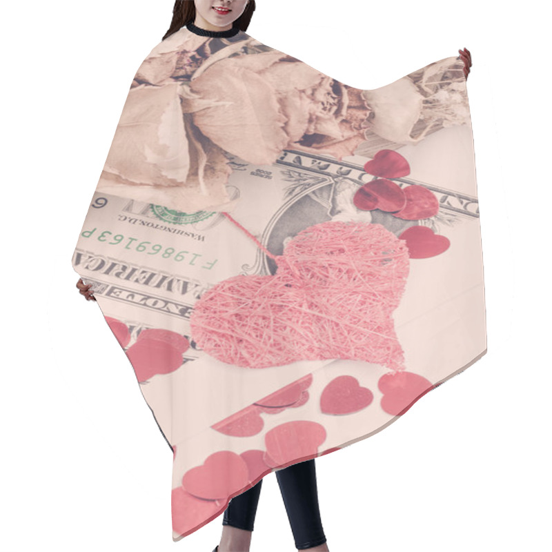 Personality  Valentine Concept With Hearts, Dry Roses And Hair Cutting Cape