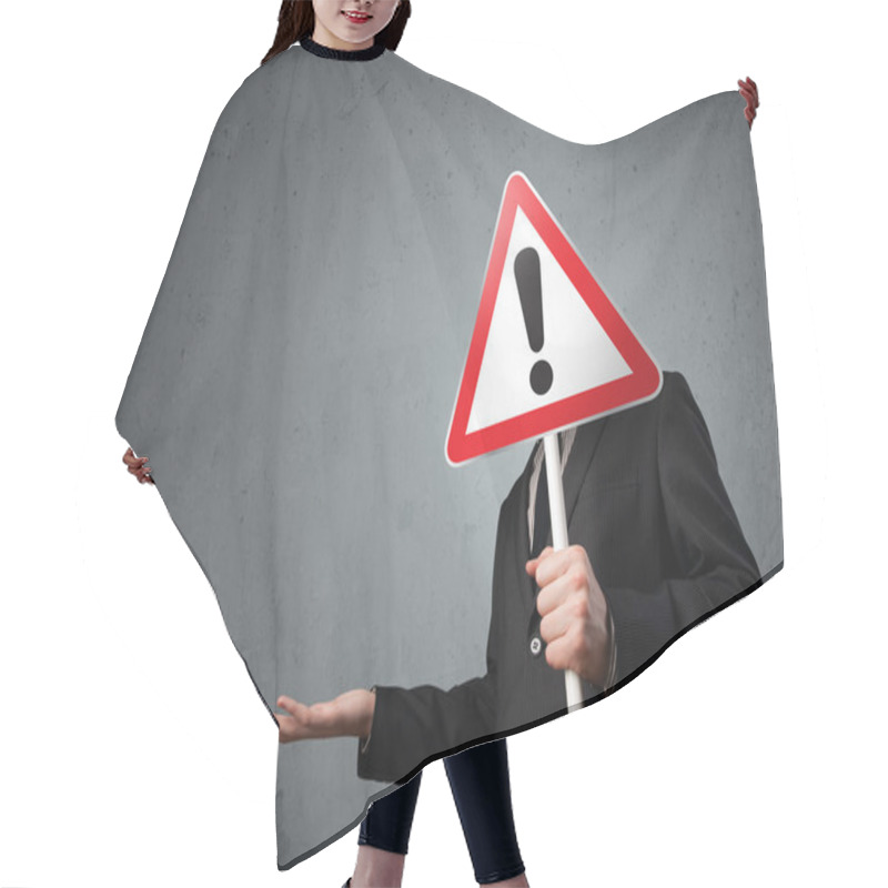 Personality  Businessman Holding An Exclamation Road Sign Hair Cutting Cape