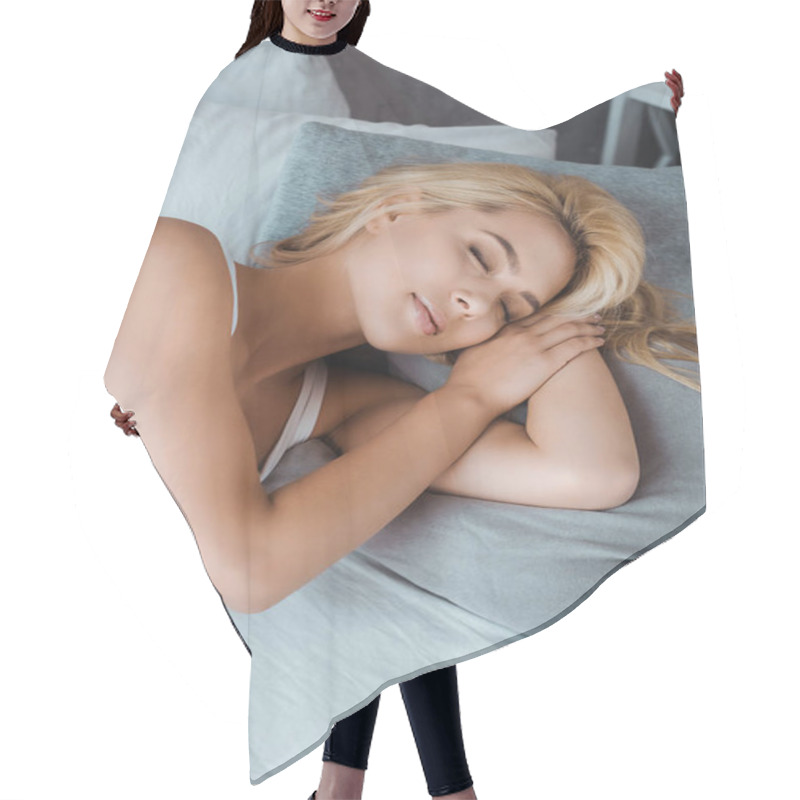 Personality  High Angle View Of Beautiful Smiling Young Woman Sleeping In Bed Hair Cutting Cape