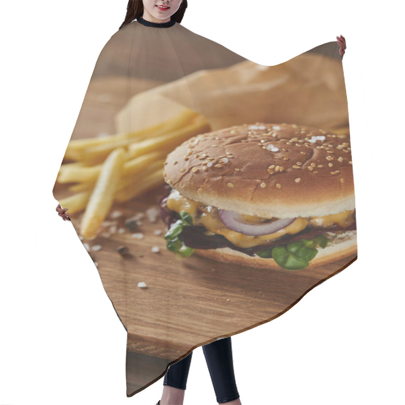 Personality  Selective Focus Of Salt, Pepper, French Fries And Fresh Burger On Wooden Surface  Hair Cutting Cape