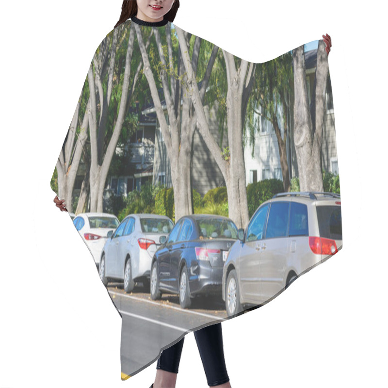 Personality  A Suburban Street With Neatly Parked Cars Under Large Trees, With Residential Buildings Partially Visible Behind The Foliage. Read, Side View - California, USA - February 12, 2025 Hair Cutting Cape