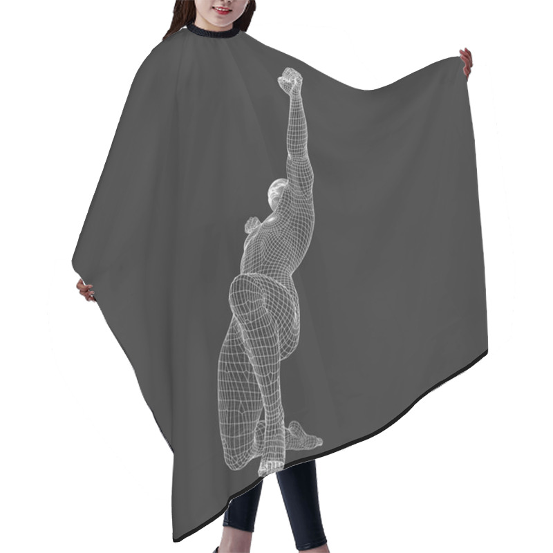 Personality  Human With Arm Up. Silhouette For Sport Championship. The Victory Celebration. 3D Model Of Man. Vector Illustration. Hair Cutting Cape