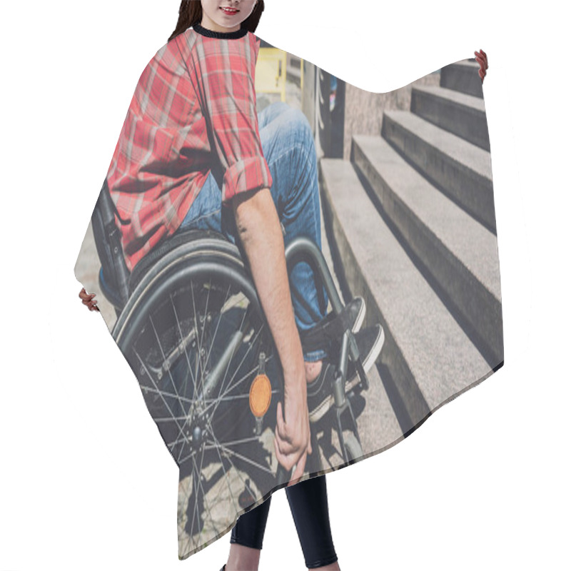 Personality  Young Man With A Physical Disability In A Wheelchair In Front Of The Stairs Hair Cutting Cape