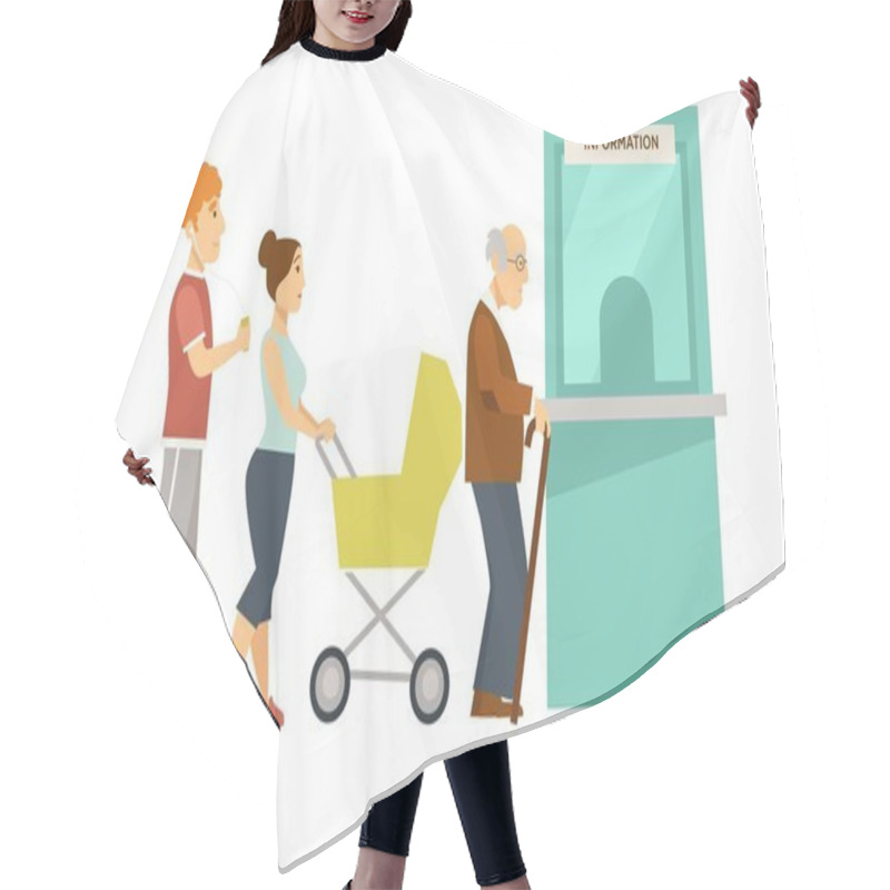 Personality  Line To Small Information Window Made Of Glass. Young Guy With Headphones, Mother With Baby Carriage And Elderly Man That Has Cane Isolated Cartoon Flat Vector Illustration On White Background. Hair Cutting Cape