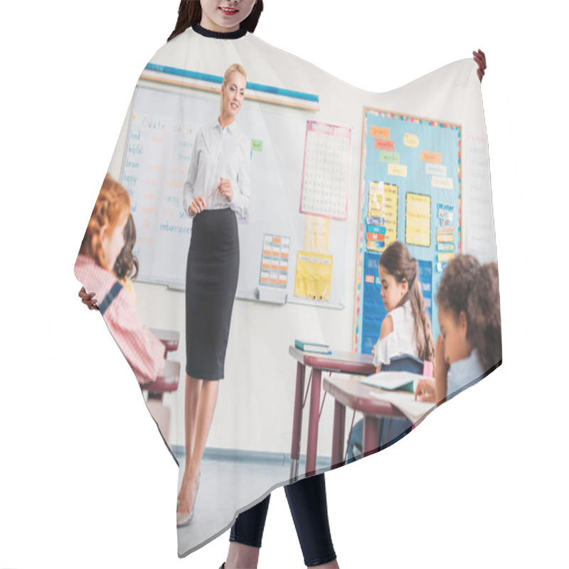 Personality  Beautiful Young Teacher In Class Hair Cutting Cape