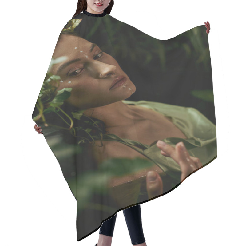 Personality  A Woman Poses In A Lush, Swampy Setting, Adorned With Flowers And Foliage. Hair Cutting Cape