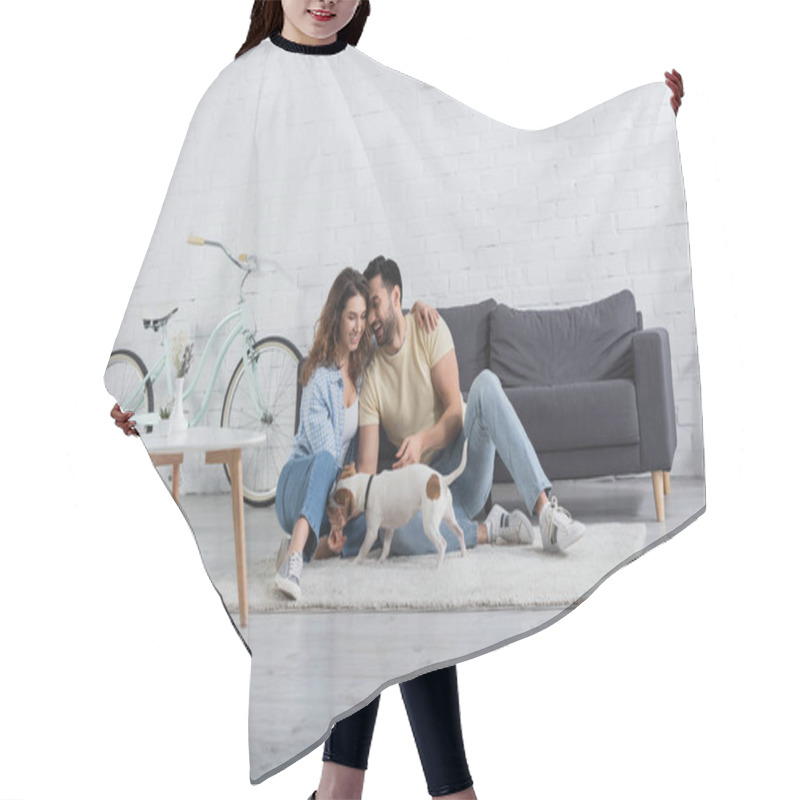 Personality  Cheerful Interracial Couple Hugging Near Jack Russell Terrier In Modern Living Room Hair Cutting Cape