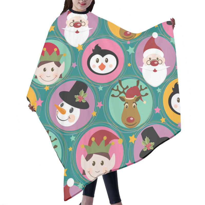 Personality  Christmas Pattern With Santa, Deer,penguin,elf And Snowman Hair Cutting Cape