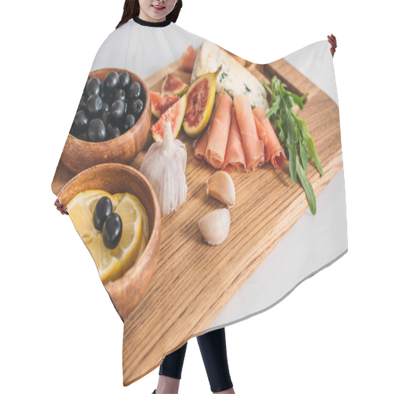 Personality  Close-up View Of Delicious Snacks On Wooden Board On Table   Hair Cutting Cape