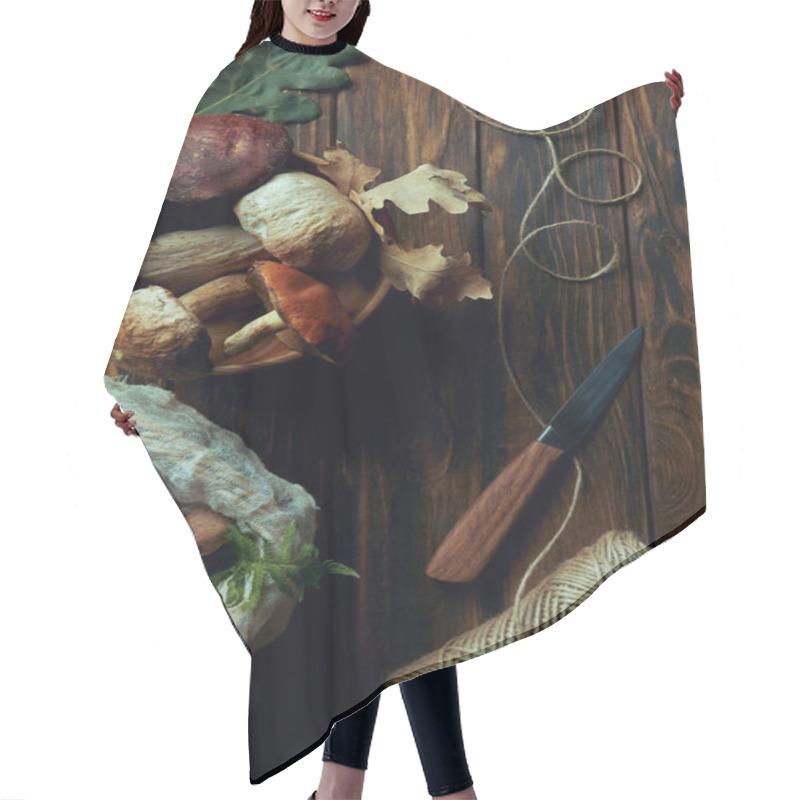 Personality  Top View Of Fresh Picked Delicious Mushrooms, Knife And Rope On Wooden Table  Hair Cutting Cape