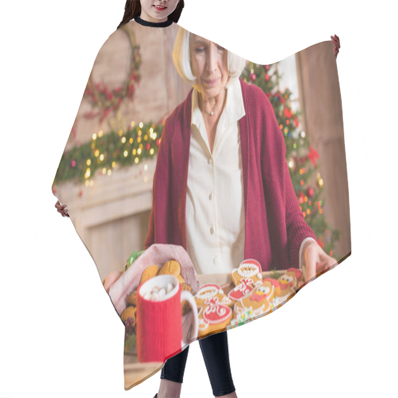 Personality  Woman Holding Tray With Christmas Cookies Hair Cutting Cape