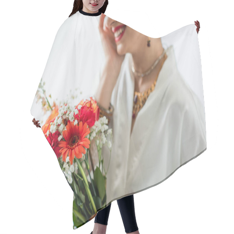 Personality  Cropped View Of Cheerful Indian Bride Holding Bouquet Of Flowers On White Hair Cutting Cape