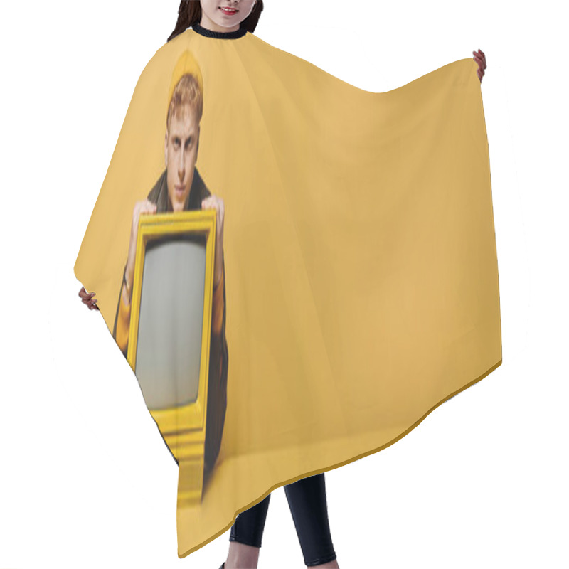 Personality  A Stylish Young Redhead Models Trendy Winter Wear And Leaning On A Retro TV Against A Yellow Background, Banner Hair Cutting Cape