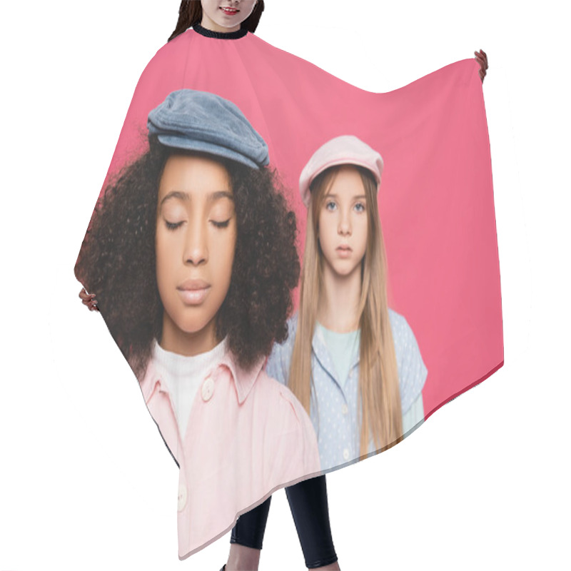 Personality  Interracial Girls In Stylish Clothes And Caps Posing Isolated On Pink Hair Cutting Cape