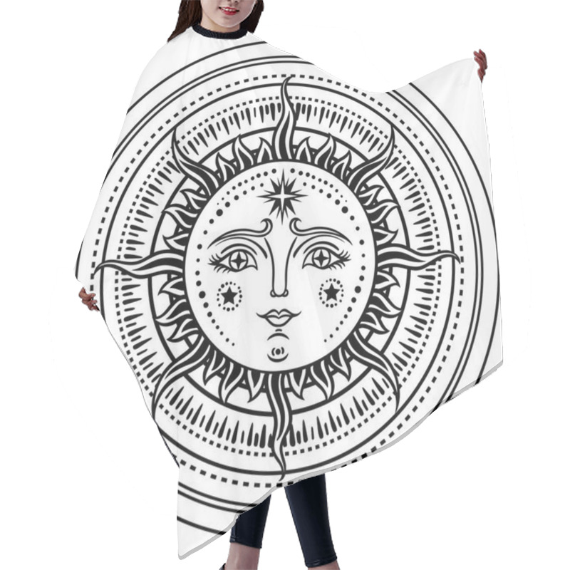 Personality  Vintage Hand Drawn Sun-Moon. Retro Illustration Face Of The Sun, Sun Tattoos, Vintage Graphics. Vector  Illustration. Hair Cutting Cape