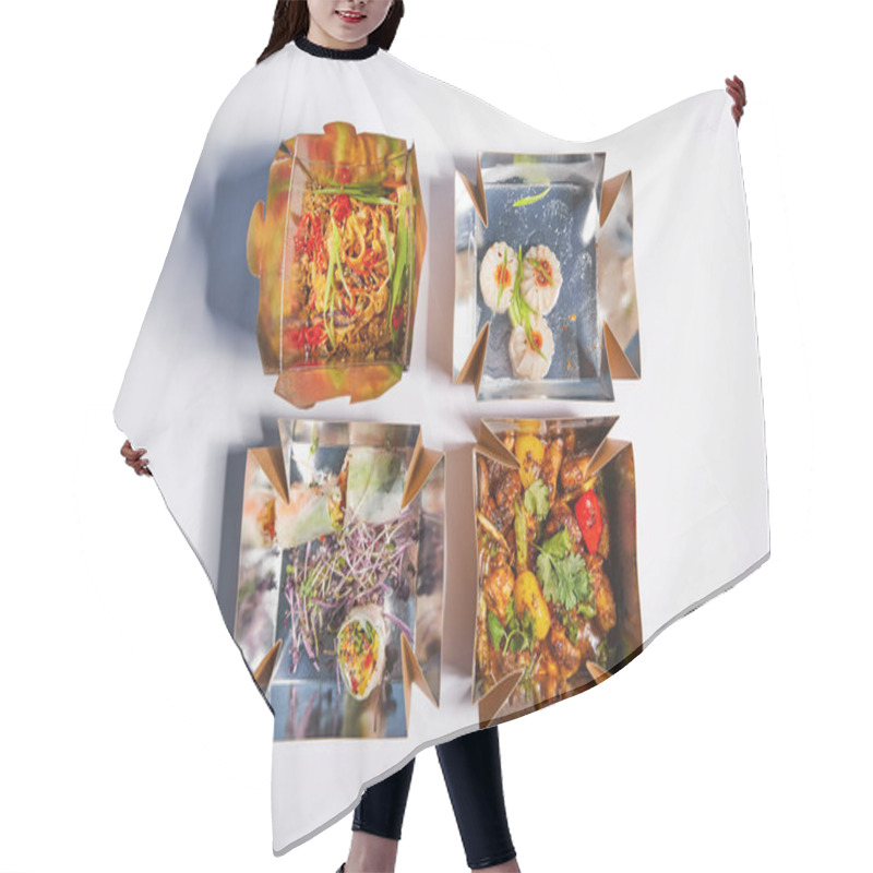 Personality  Top View Of Tasty And Spicy Chinese Food In Takeaway Boxes On White  Hair Cutting Cape