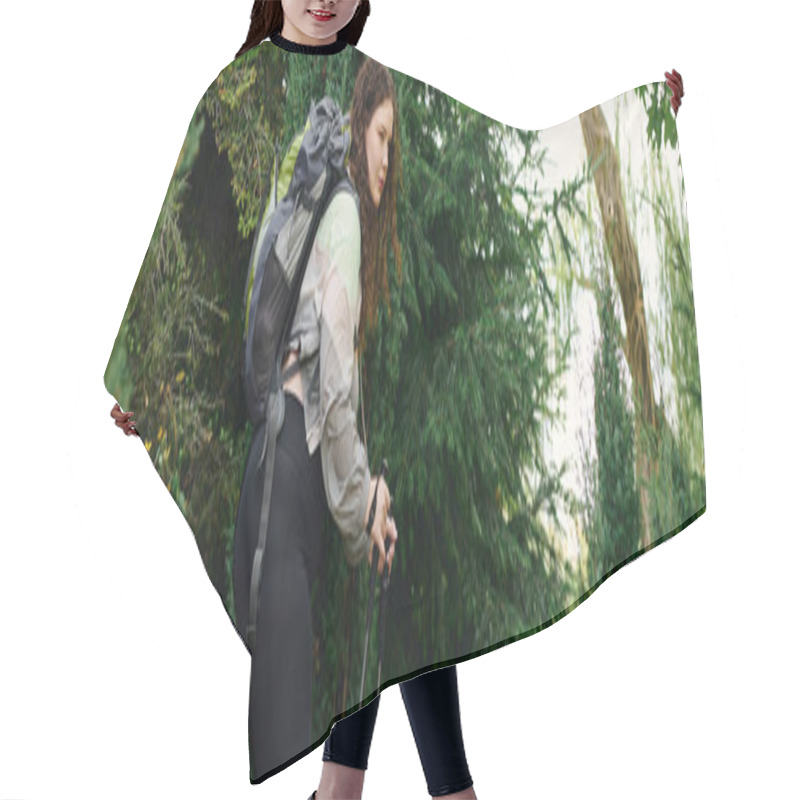 Personality  A Confident Plus Size Woman Enjoys A Peaceful Stroll Through A Vibrant Forest Surrounded By Greenery. Hair Cutting Cape