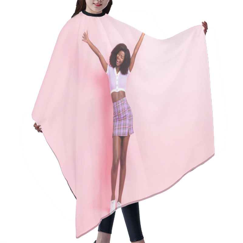 Personality  Full Length Body Size View Of Pretty Cheerful Thin Girl Having Fun Good Mood Isolated Over Pink Pastel Color Background Hair Cutting Cape