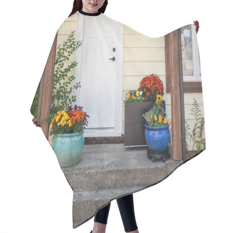 Personality  Fall Flowers Decorate The Front Door Stoop Of A House. Planters Filled With Fall Colors Make A Perfect Entryway Hair Cutting Cape