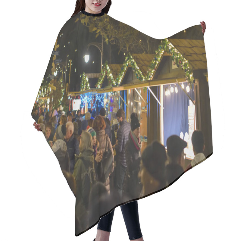 Personality  Bern, Switzerland - December 1, 2018: People Visting Traditional Christmas Market In Bern, Switzerland In The Evening After Sunset During December 2018 Hair Cutting Cape