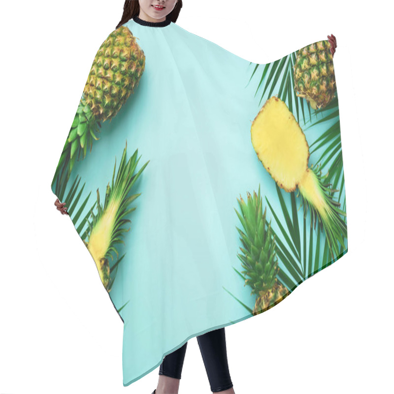 Personality  Pineapples And Tropical Palm Leaves On Punchy Pastel Turquoise Background. Summer Concept. Creative Flat Lay With Copy Space. Top View Hair Cutting Cape