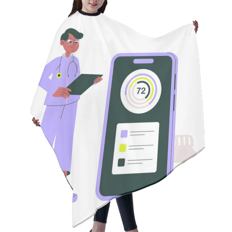 Personality  A Male Doctor Examines Health Metrics On A Smartphone, Accompanied By A Medicine Bottle. Symbolizes Medical Technology, Healthcare, And Digital Monitoring. Hair Cutting Cape