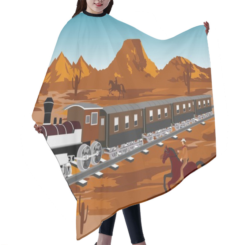 Personality  Wild West Vector Illustration. Train In Prairie, Cowboy On Horse, Blue Sky Hair Cutting Cape