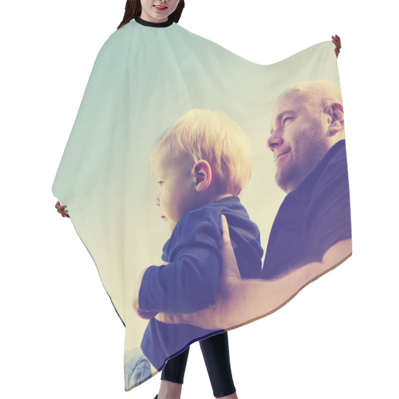 Personality  Father With Little Son Playing Outdoors Hair Cutting Cape