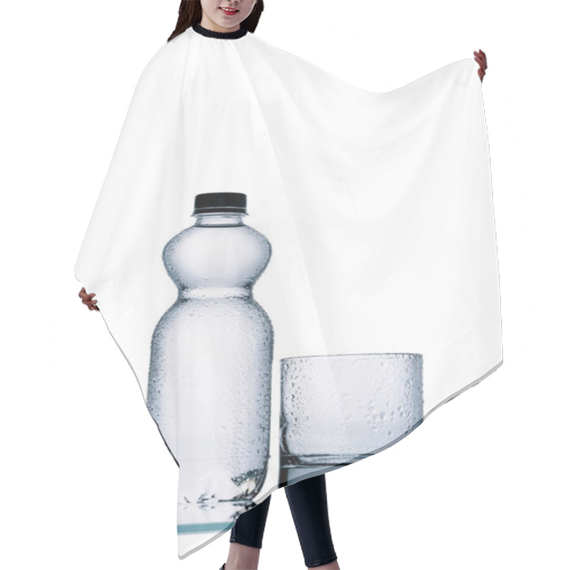 Personality  Plastic Bottle Of Water And Empty Glass Isolated On White Hair Cutting Cape