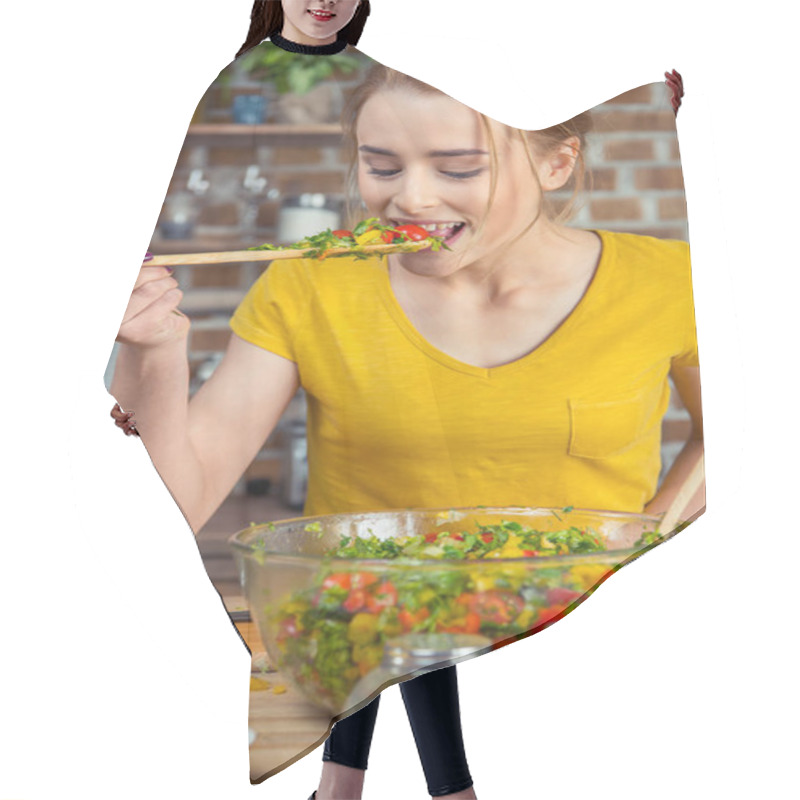 Personality  Woman Tasting Vegetable Salad   Hair Cutting Cape