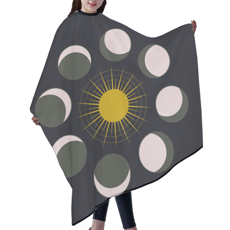 Personality  Abstract Contemporary Aesthetic Background With Moon Phases, With The Sun. Boho Wall Decor. Modern Minimalist Art Print. Organic Natural Shape. Magic Concept. On A Black Background. Hair Cutting Cape