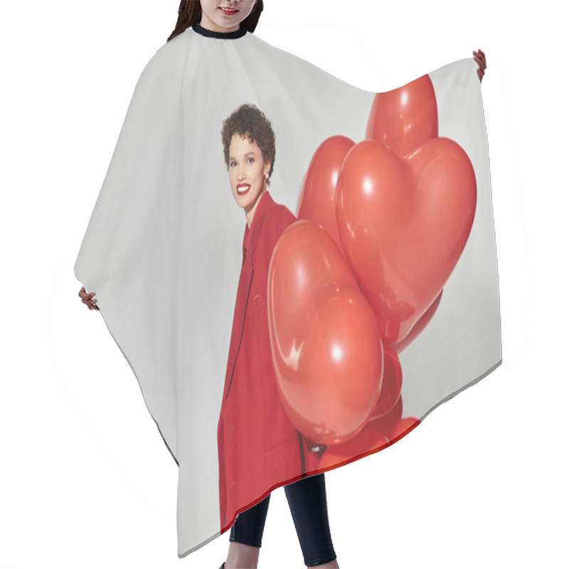 Personality  A Beautiful Young Woman Smiling Brightly While Holding A Bunch Of Red Heart Shaped Balloons. Hair Cutting Cape