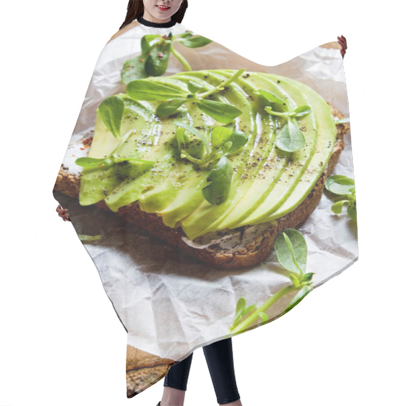 Personality  Clean Eating Concept. Sandwich With Organic Ingredients. Hair Cutting Cape