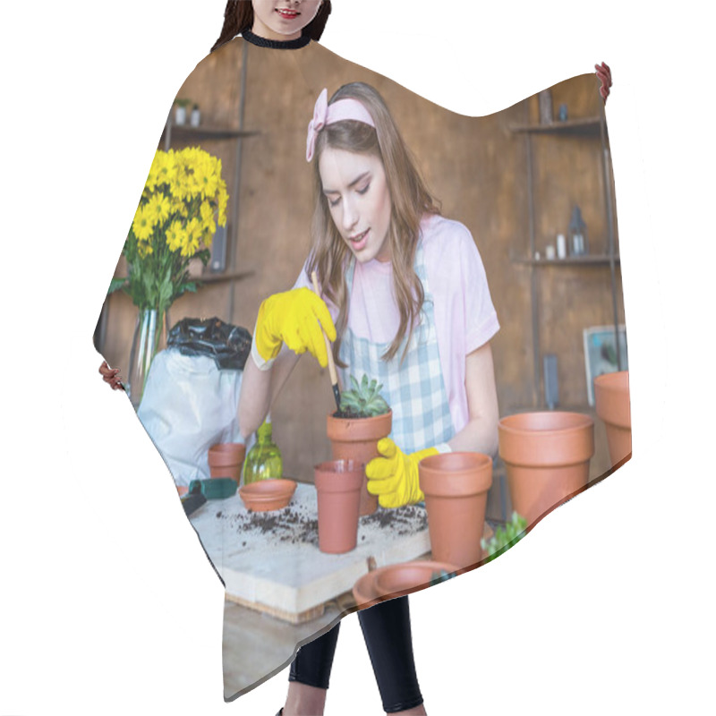 Personality  Woman With Plant In Flowerpot Hair Cutting Cape