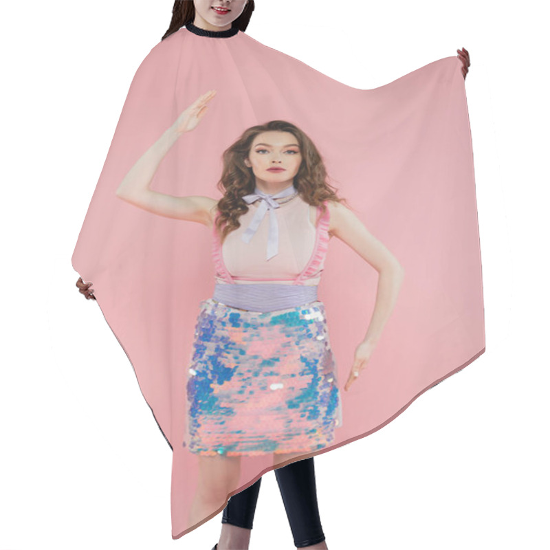 Personality  Woman Like A Doll Concept, Attractive Young Woman Posing And Gesturing While Looking At Camera, Brunette Model With Wavy Hair On Pink Background, Conceptual Photography  Hair Cutting Cape