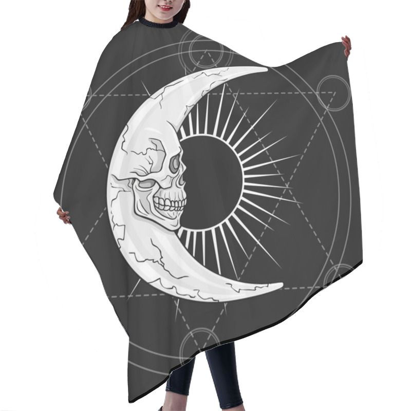 Personality  Fantastic Moon In The Form Of A Human Skull. Esoteric Symbol, Sacred Geometry. The Monochrome Drawing Isolated On A Dark Gray Background. Vector Illustration. Print, Posters, T-shirt, Textiles. Hair Cutting Cape