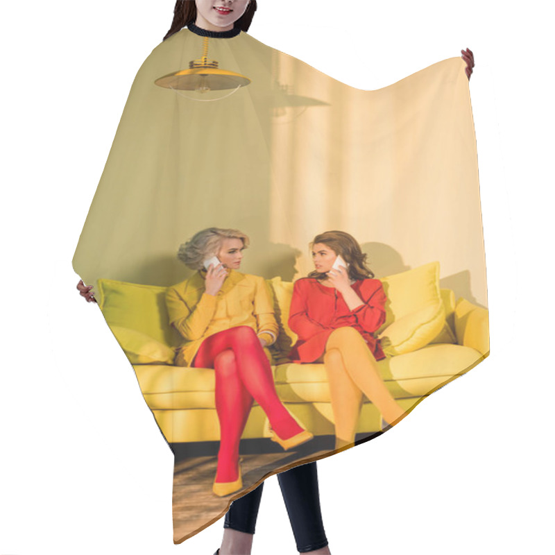 Personality  Retro Styled Women Talking On Smartphones On Yellow Sofa, Doll House Concept Hair Cutting Cape