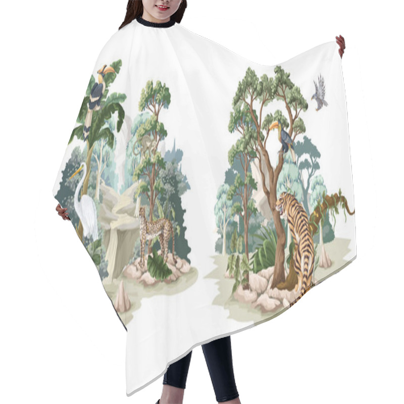 Personality  Jungle Landscape With Animals. Interior Vector Print. Hair Cutting Cape