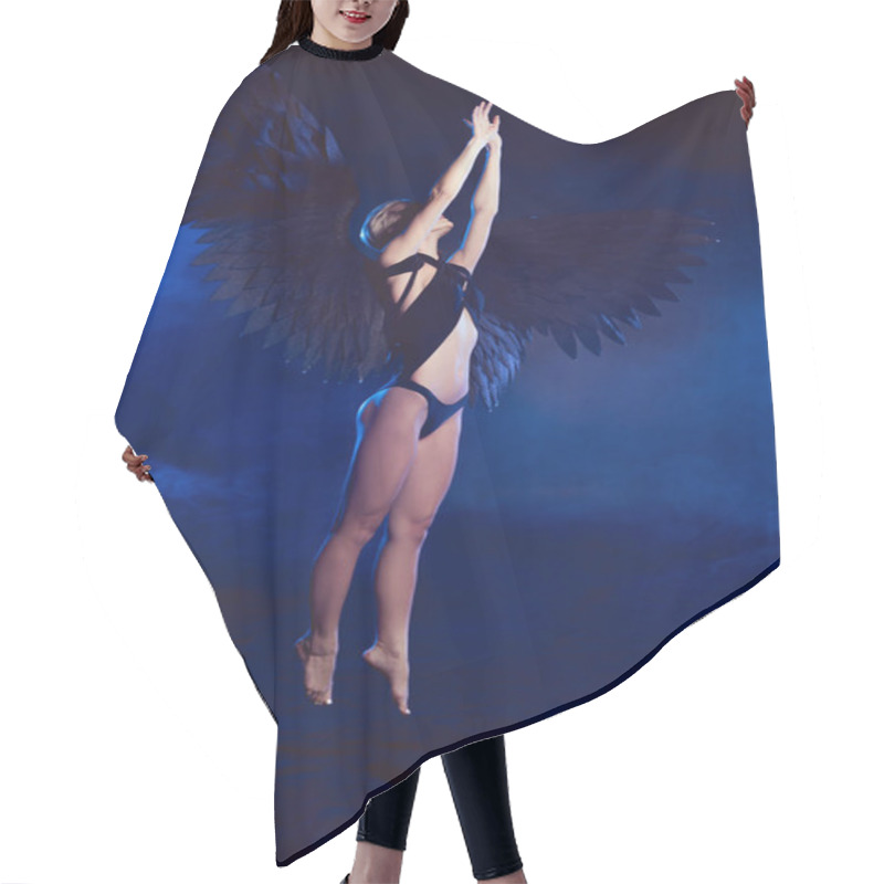 Personality  Sexy Woman With Lace Mask And Black Angel Wings Jumping On Dark Blue Background Hair Cutting Cape