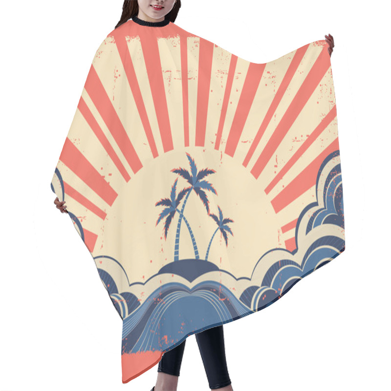 Personality  Paradise Island On Grunge Paper Background With Sun Hair Cutting Cape