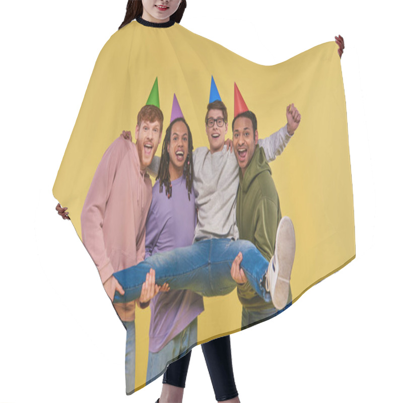 Personality  Four Cheerful Men In Birthday Hats Smiling At Camera And Holding One Of Them On Hands, Birthday Hair Cutting Cape