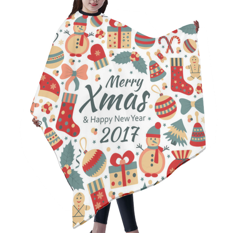 Personality  Christmas Greeting Card With Text Merry Xmas And Many Winter Doodle Toys. Vector Illustration. Hair Cutting Cape