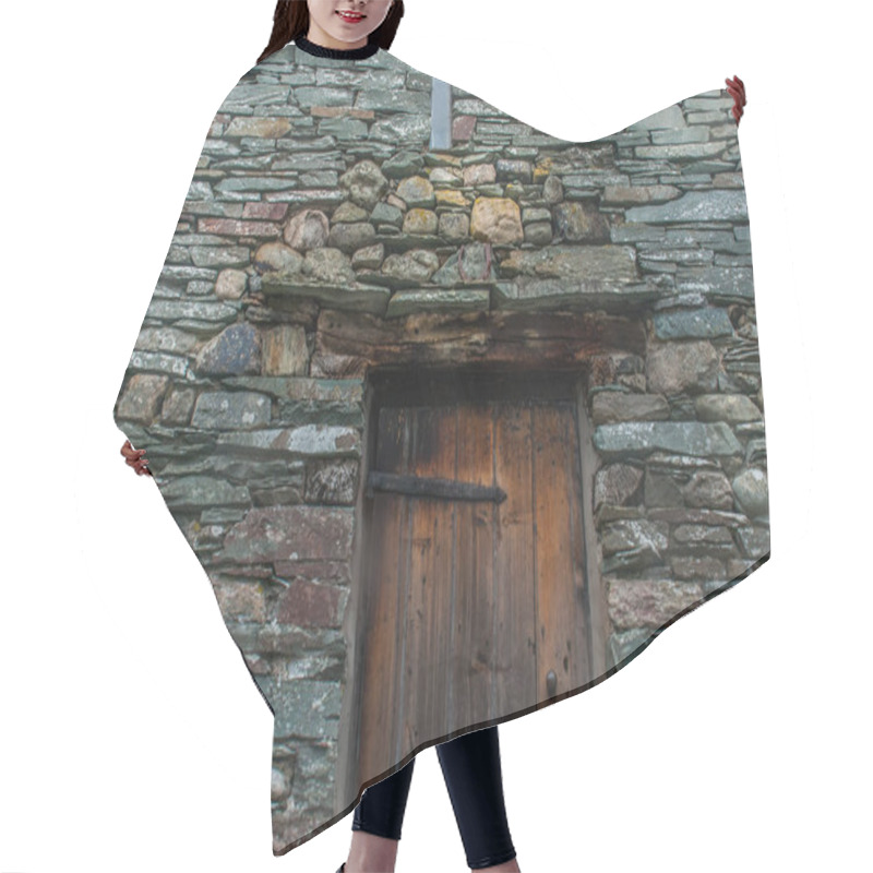 Personality  Ancient Wooden Door In Stone Wall. Hair Cutting Cape