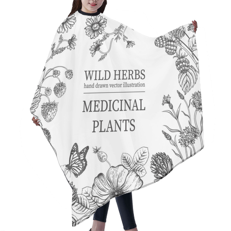 Personality  Wild Flowers. Herbal Tea. Vector Illustration. Hair Cutting Cape